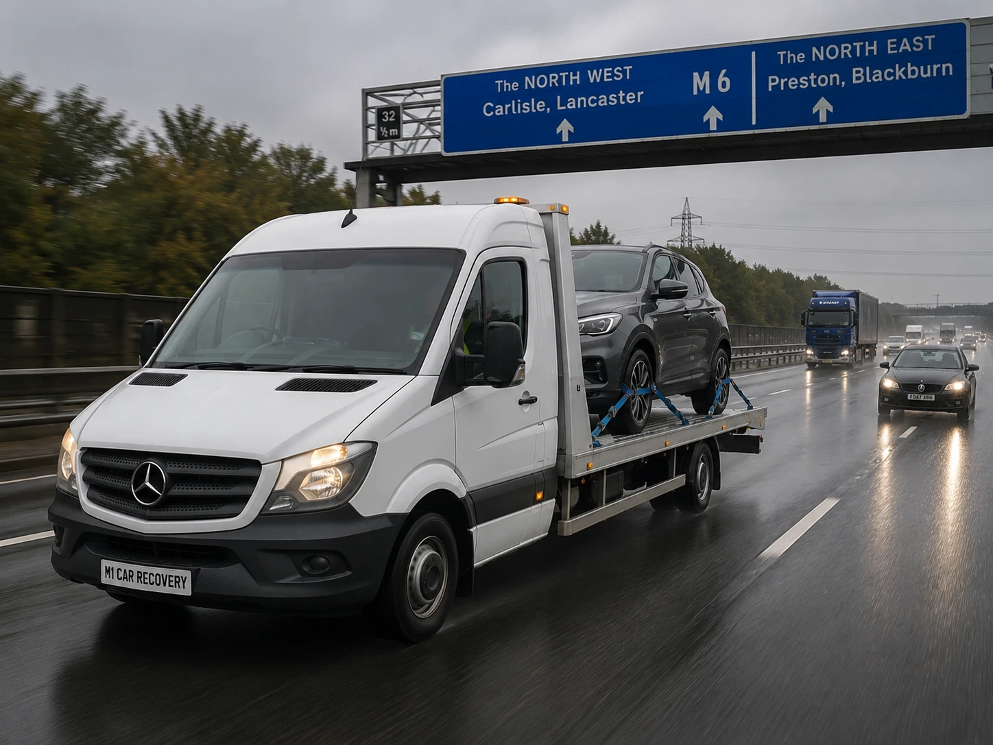 Flatbed hard shoulder recovery truck UK motorway